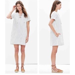 Madewell Harbor Off-White and Blue Lace Front Shift Dress with Pockets